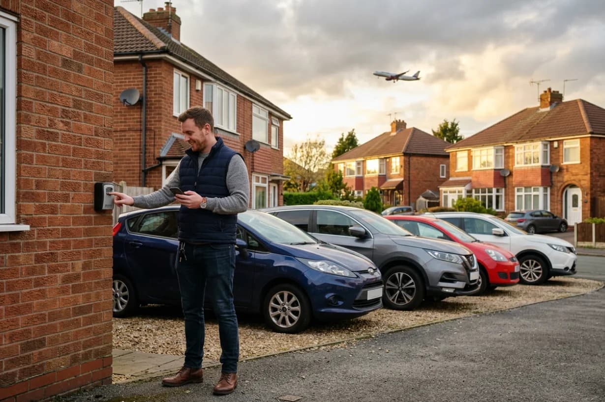 An owner by a keybox with a growing fleet parked on the driveway