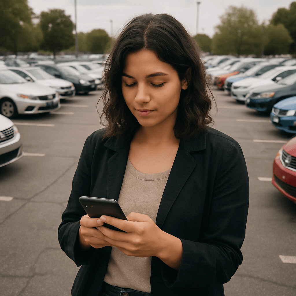 woman on her phone in front of a parking lot full of a variety of cars