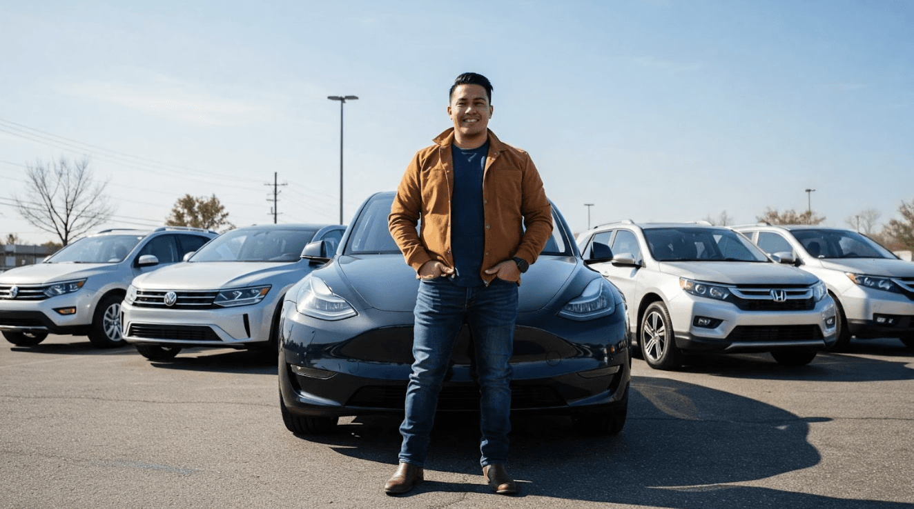 Man standing in front of parking lot with various vehicles for carshare