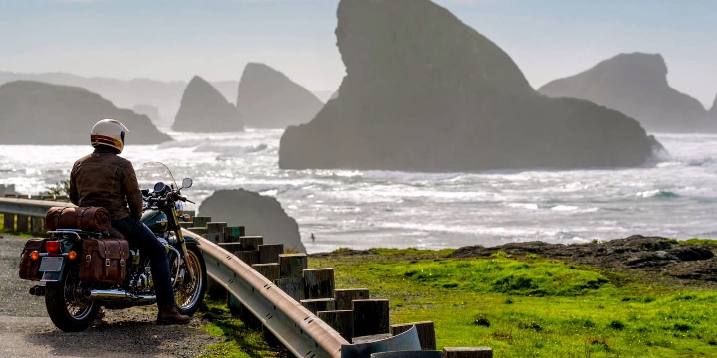 Motorcycle rider traveling along the Oregon coast