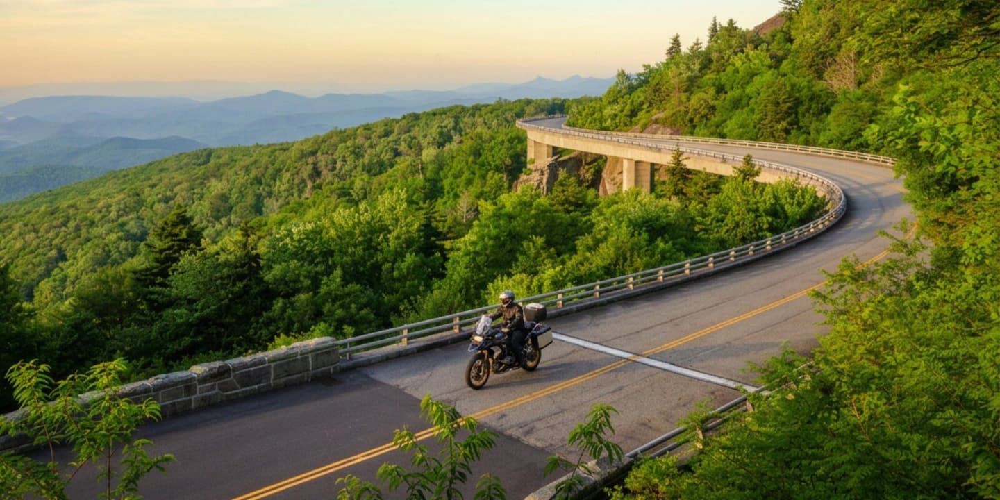 Motorcycle rider in North Carolina riding an insured motorcycle on a scenic country road