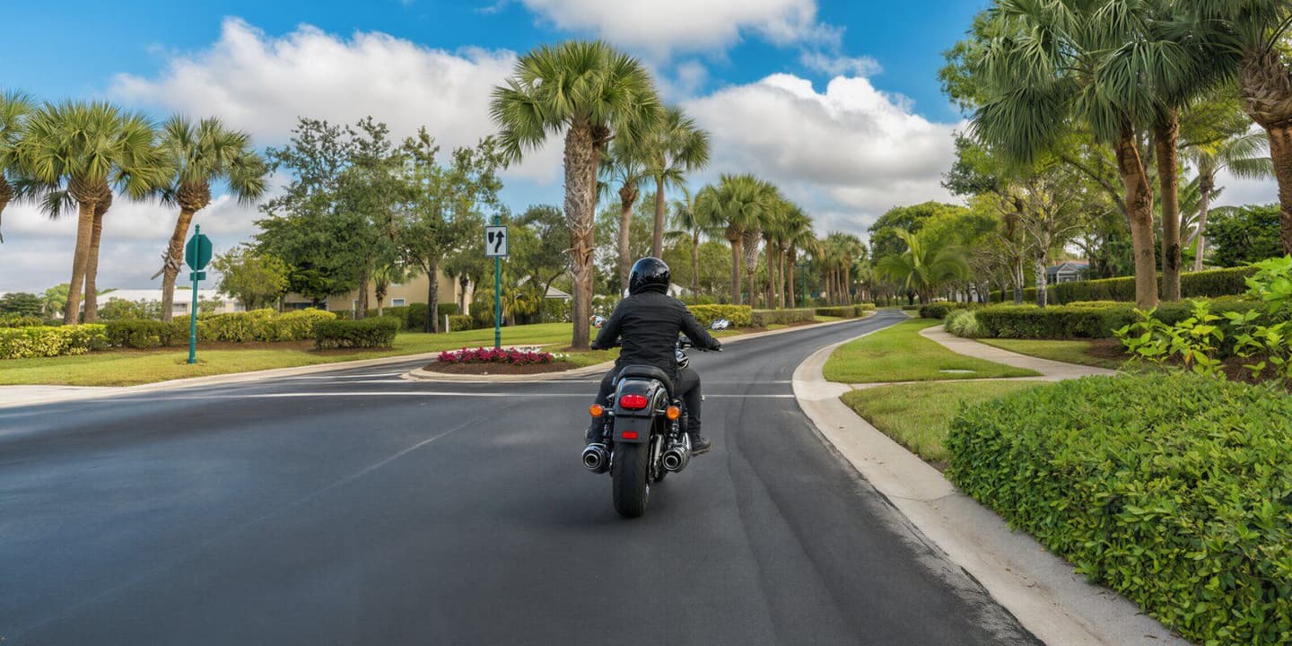 Rider in Florida riding an insured motorcycle on a palm-lined road