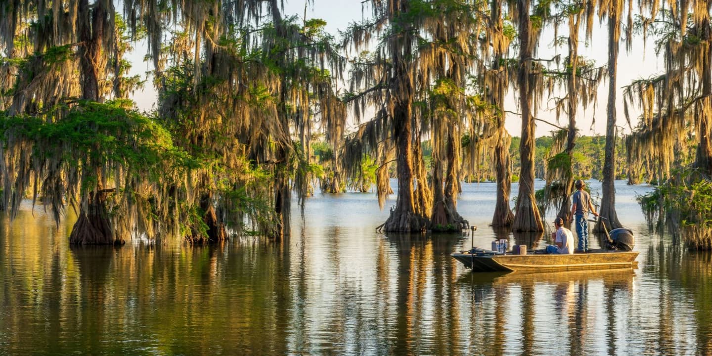 Two people navigate a small motorboat through a Louisiana swamp filled with cypress trees draped in Spanish moss