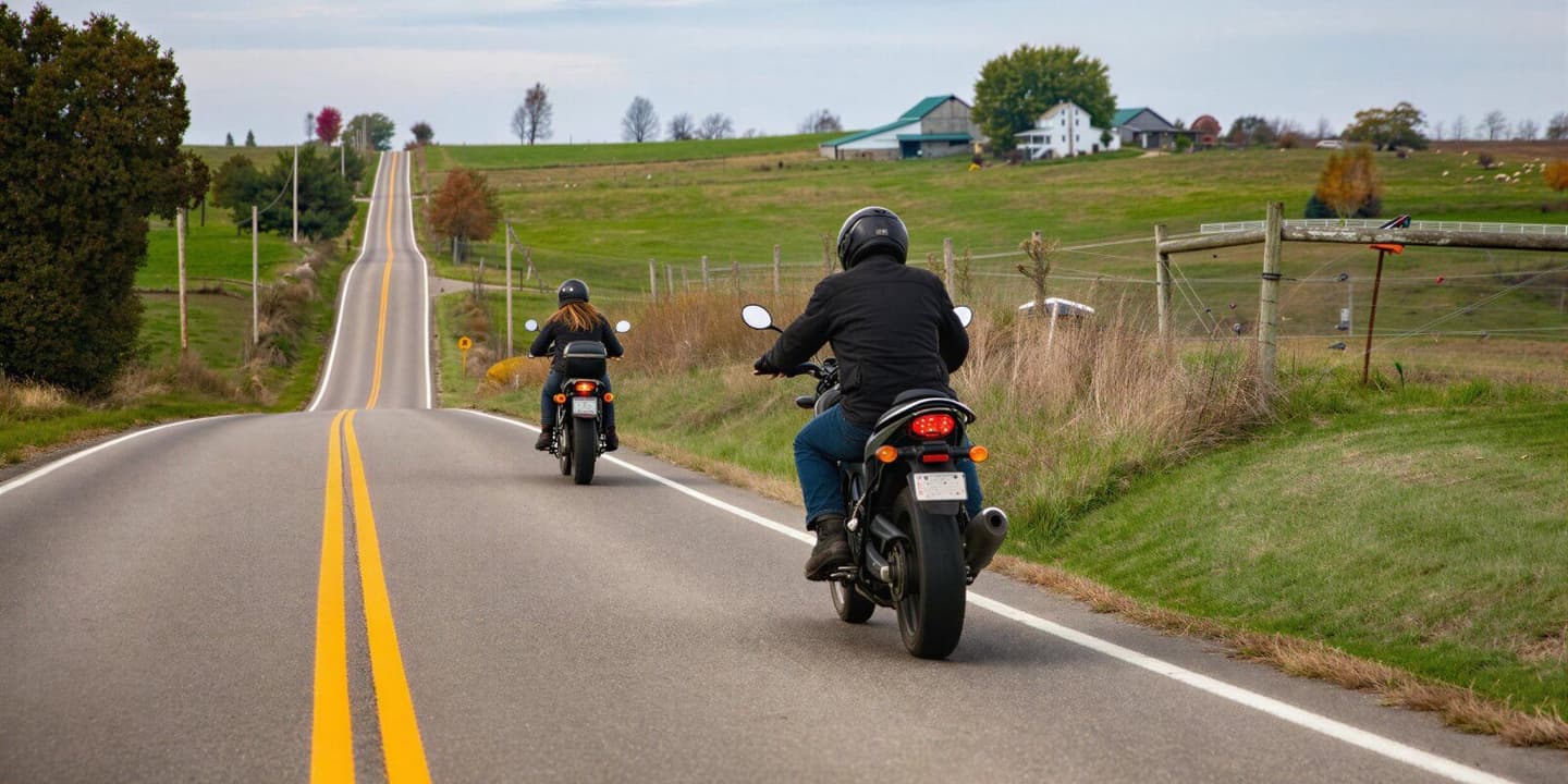Rider riding an insured motorcycle through rural Ohio countryside